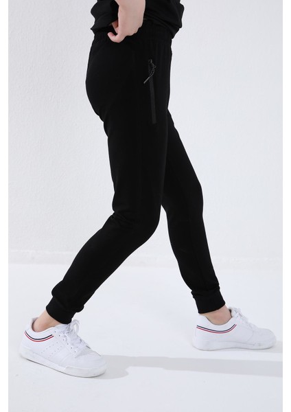 Siyah Erkek Çocuk Jogger Fermuarlı Cep Standart Kalıp Manşetli Eşofman Alt - 64042