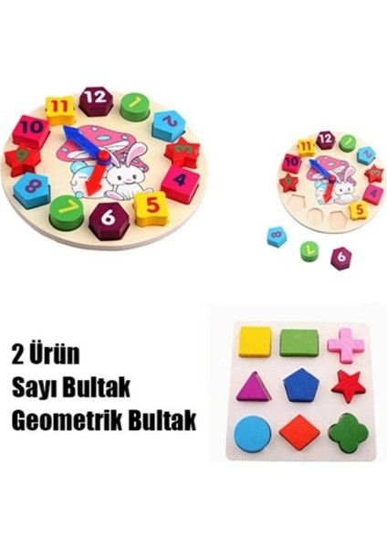 Eğitici Ahşap Oyuncaklar 2in1 Set Tavşanlı Bultak Saat+Geometrik Bul Tak
