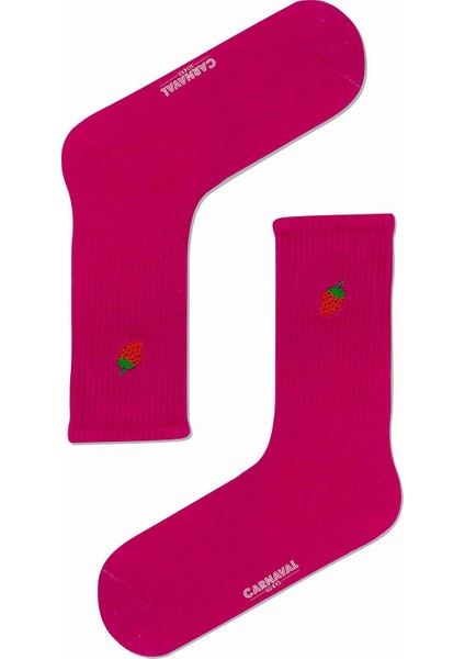 Çilek Nakışlı Pembe Renkli Spor Çorap