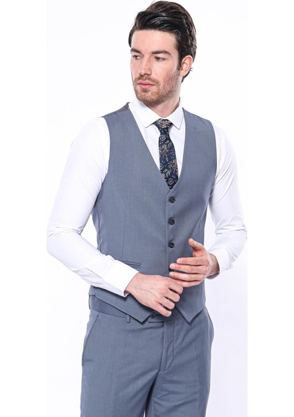 Erkek Slim Fit Düz Yaka Tek Yelek