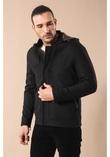 Erkek Kapüşonlu Kol Fermuarlı Slim Fit Kaban