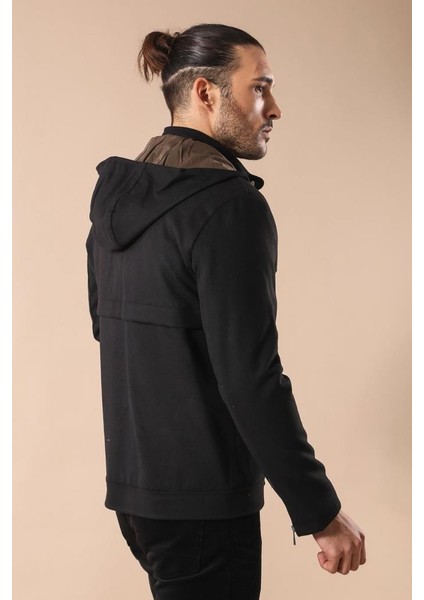 Erkek Kapüşonlu Kol Fermuarlı Slim Fit Kaban