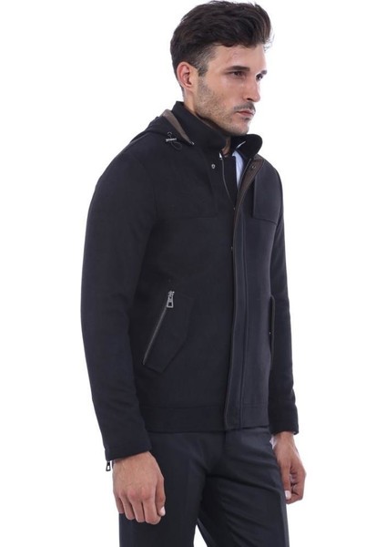 Erkek Kapüşonlu Kol Fermuarlı Slim Fit Kaban