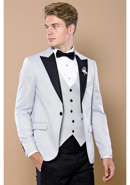 Erkek Çıkma Yaka Garnili Yelekli Slim Fit Damatlık