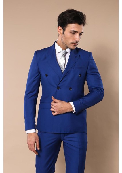 Erkek Kruvaze Yelekli  slim Fit Takım Elbise