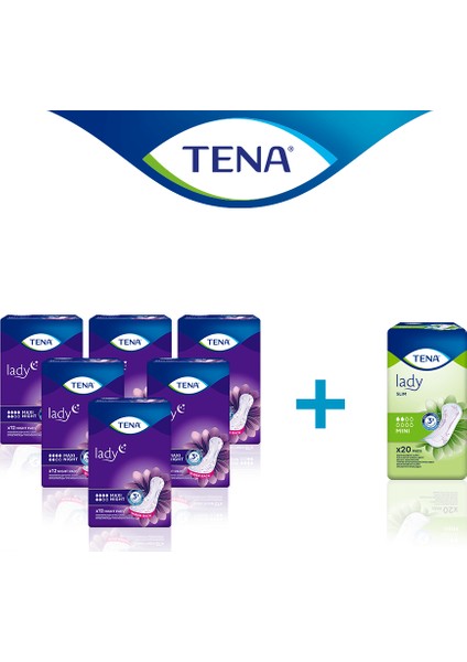 Lady Maxi Night 6 Damla Kadın Mesane Pedi 12'li 6 Paket + Tena Lady Slim Mini Mesane Pedi 20'li 1 Paket
