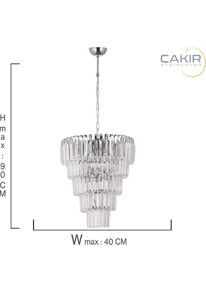 Şelale 5 Katlı Kristal Taşlı Krom Gümüş 4'lü Sarkıt Avize