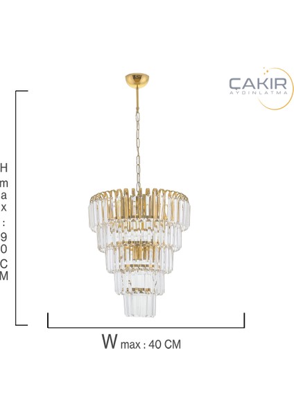 Şelale 5 Katlı Sarı Altın - Gold 6'lı Kristal Taşlı Sarkıt Avize