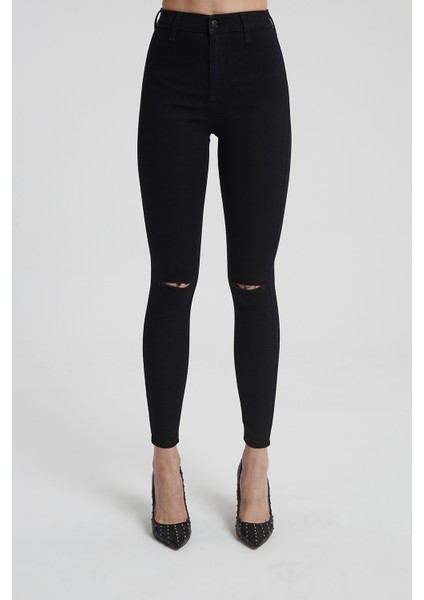 JANIE Siyah Yüksek Bel Önü Cepsiz Dizi Kesikli Jegging Jean Pantolon C 4520-007