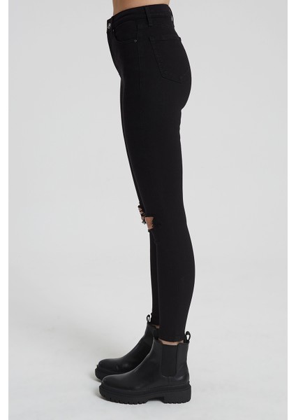 JUDY Siyah Yüksek Bel Dizi Kesikli Skinny Fit Jean Pantolon C 4521-012 fiyatları