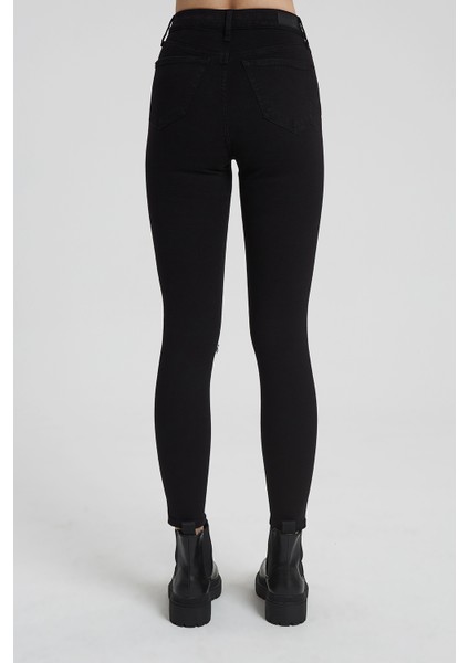 JUDY Siyah Yüksek Bel Dizi Kesikli Skinny Fit Jean Pantolon C 4521-012 modelleri