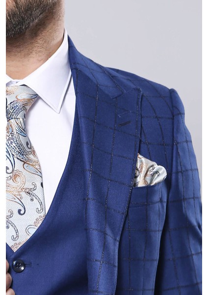 Erkek Ekose Ceket Yelekli Slim Fit Takım Elbise