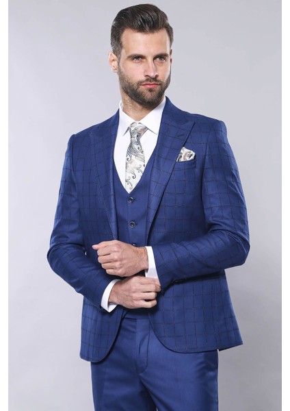 Erkek Ekose Ceket Yelekli Slim Fit Takım Elbise
