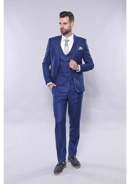 Erkek Ekose Ceket Yelekli Slim Fit Takım Elbise