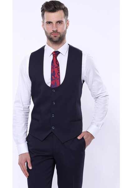 Erkek Slim Fit Kendinden Desenli Yelekli Takım Elbise