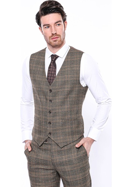 Erkek Slim Fit Ekose Desenli Düz Yaka Yelek