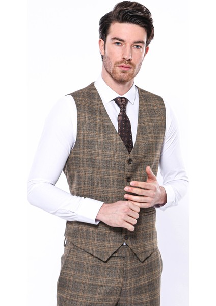 Erkek Slim Fit Ekose Desenli Düz Yaka Yelek