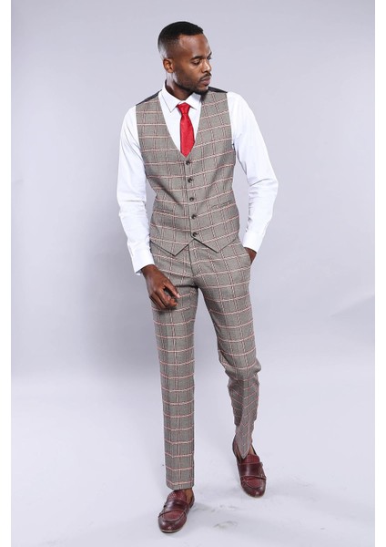 Erkek Slim Fit Ekose Desenli Düz Yaka Yelek