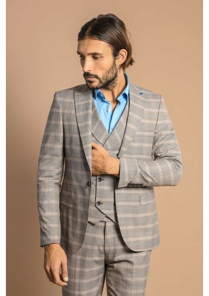 Erkek Slim Fit Ekose Kruvaze Yelekli Takım Elbise