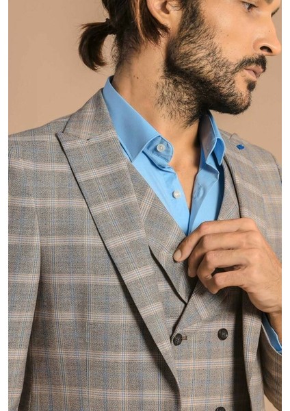 Erkek Slim Fit Ekose Kruvaze Yelekli Takım Elbise