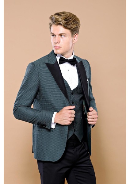 Erkek Çıkma Yaka Garnili Yelekli Slim Fit Damatlık