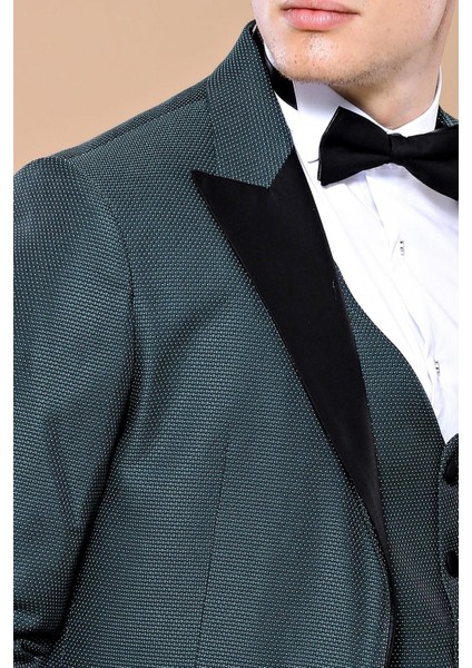 Erkek Çıkma Yaka Garnili Yelekli Slim Fit Damatlık