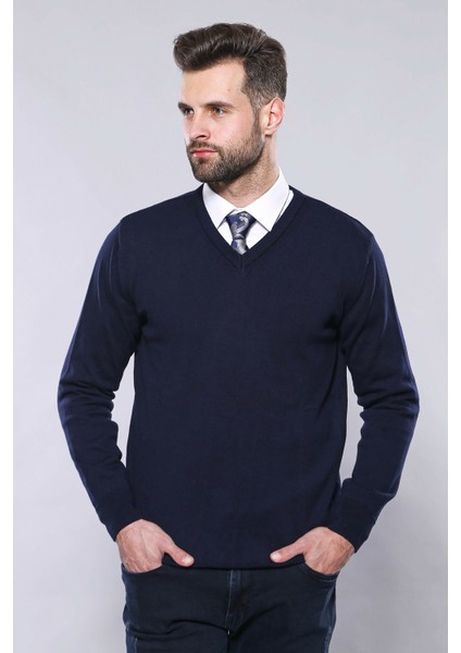 Erkek Desensiz V Yaka Slim Fit Triko