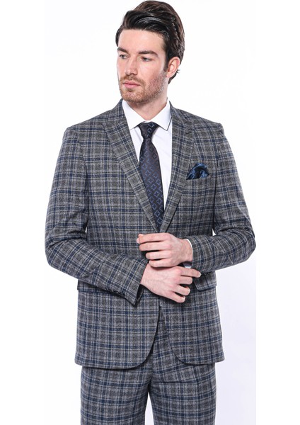 Erkek Ekose Desenli Sivri Yaka Slim Fit Ceket
