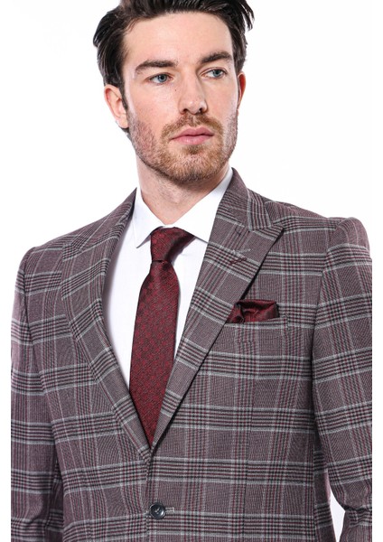 Erkek Ekose Desenli Sivri Yaka Slim Fit Ceket