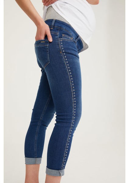 Hamile Skinny Denim Kuşgözü Taş Yapıştırma Pantolon Mavi 1089