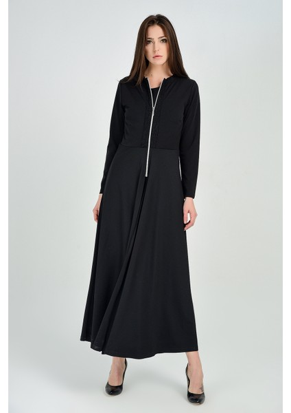 On Mostrasi Dantel Garnili Önü Fermuarlı Elbise | YLK14893 Siyah