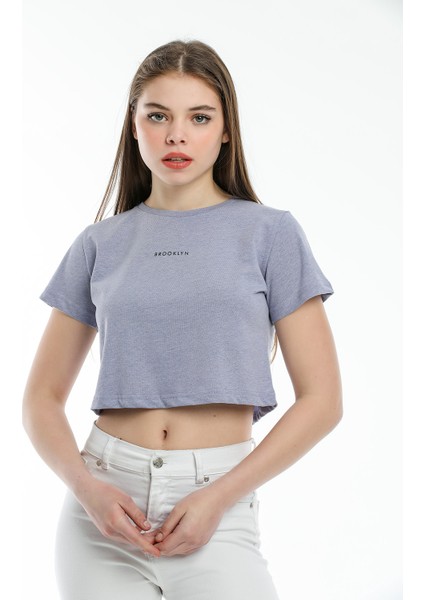 Crop Örme Brookyn Baskılı T-Shirt