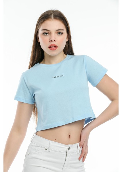 Crop Örme Brookyn Baskılı T-Shirt