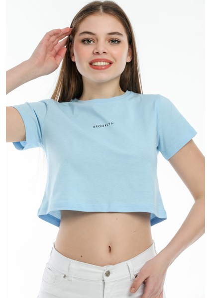 Crop Örme Brookyn Baskılı T-Shirt