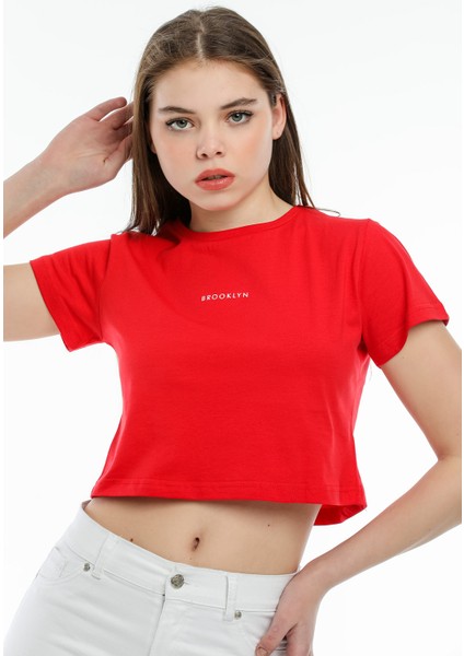 Crop Örme Brookyn Baskılı T-Shirt