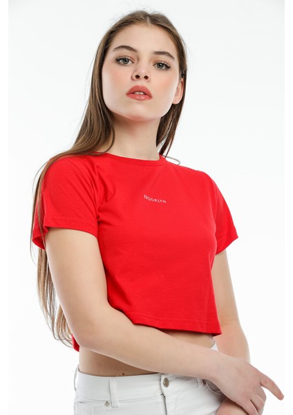 Crop Örme Brookyn Baskılı T-Shirt