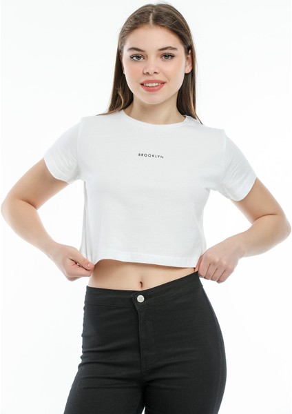 Crop Örme Brookyn Baskılı T-Shirt