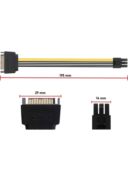 Sata Power 15 Pin (Erkek) To 6 Pin Atx (Erkek) Power Kablo