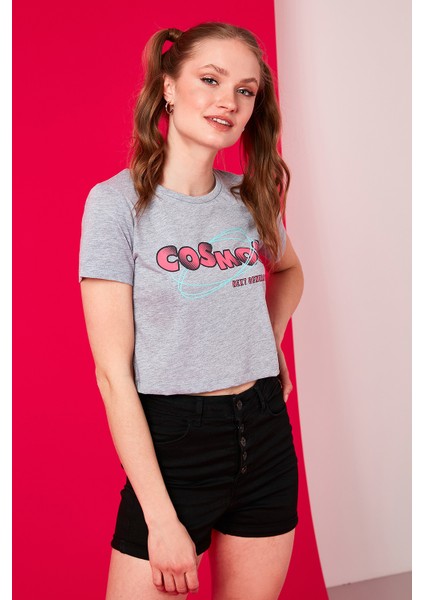 Baskılı Bisiklet Yaka % 100 Pamuk Crop T Shirt Kadın T Shirt 6001011