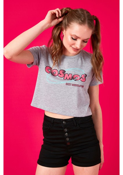 Baskılı Bisiklet Yaka % 100 Pamuk Crop T Shirt Kadın T Shirt 6001011 fiyatları