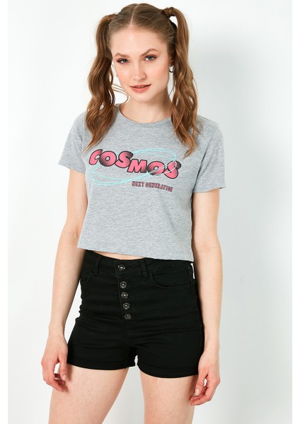 Baskılı Bisiklet Yaka % 100 Pamuk Crop T Shirt Kadın T Shirt 6001011 modelleri