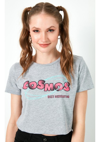 Baskılı Bisiklet Yaka % 100 Pamuk Crop T Shirt Kadın T Shirt 6001011 fırsatları