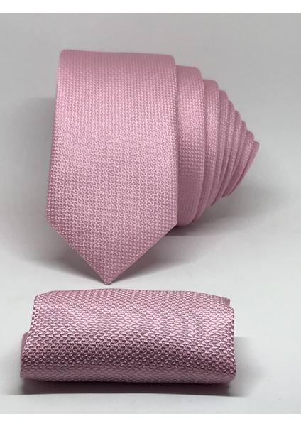 Pembe Renk Slim Fit Oxford Kuş Gözü Desen Mendilli Kravat