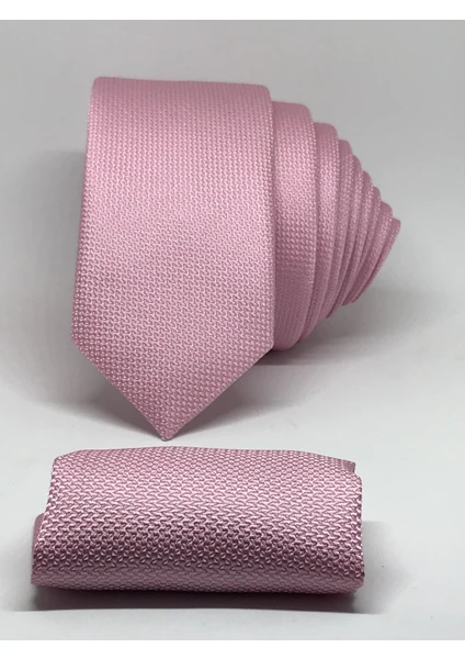 Kravat Gezegeni Pembe Renk Slim Fit Oxford Kuş Gözü Desen Mendilli Kravat