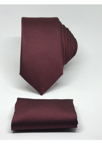 Bordo Renk Slim Fit Oxford Kuş Gözü Desen Mendilli Kravat