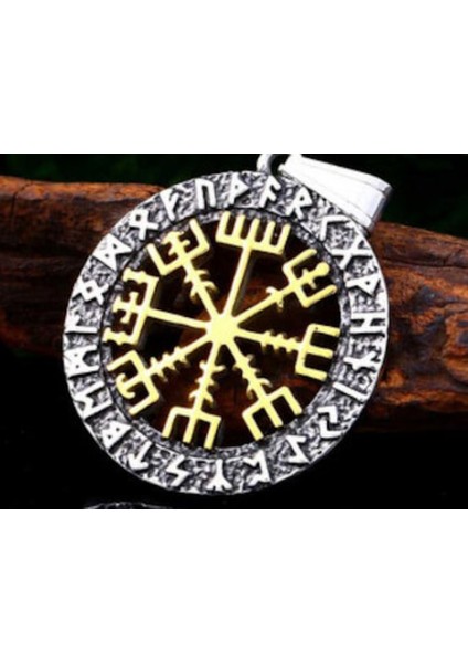 Detaylı Eskitme Çelik Vegvisir Pusula Viking Kolye