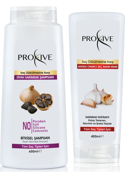 Tuzsuz Parabensiz Silikonsuz Boyasız Siyah Sarımsak Şampuanı 650 ml + Proxive Anında Onarıcı Saç Kremi 400 ml