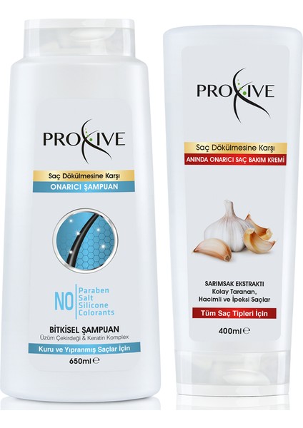 Tuzsuz Parabensiz Silikonsuz Boyasız Keratin Complex Onarım Şampuanı 650 ml + Proxive Anında Onarıcı Saç Kremi 400 ml