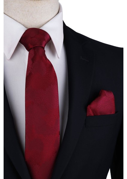 Bordo Çiçek Desen Mendilli Klasik Kravat KK10467