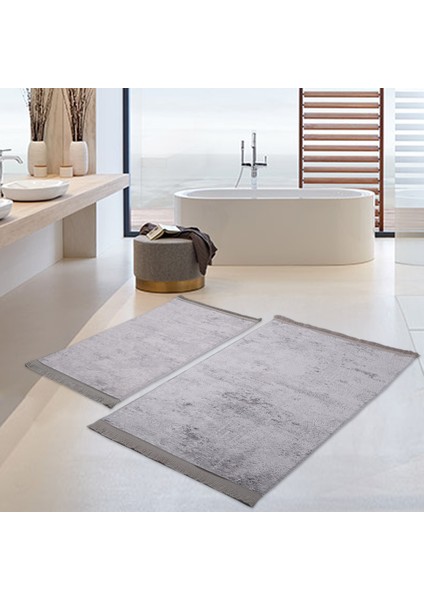 Nova Gri 2'li Pamuk Kaymaz Tabanlı Banyo Halısı Paspası Seti Püsküllü Klozet Takımı